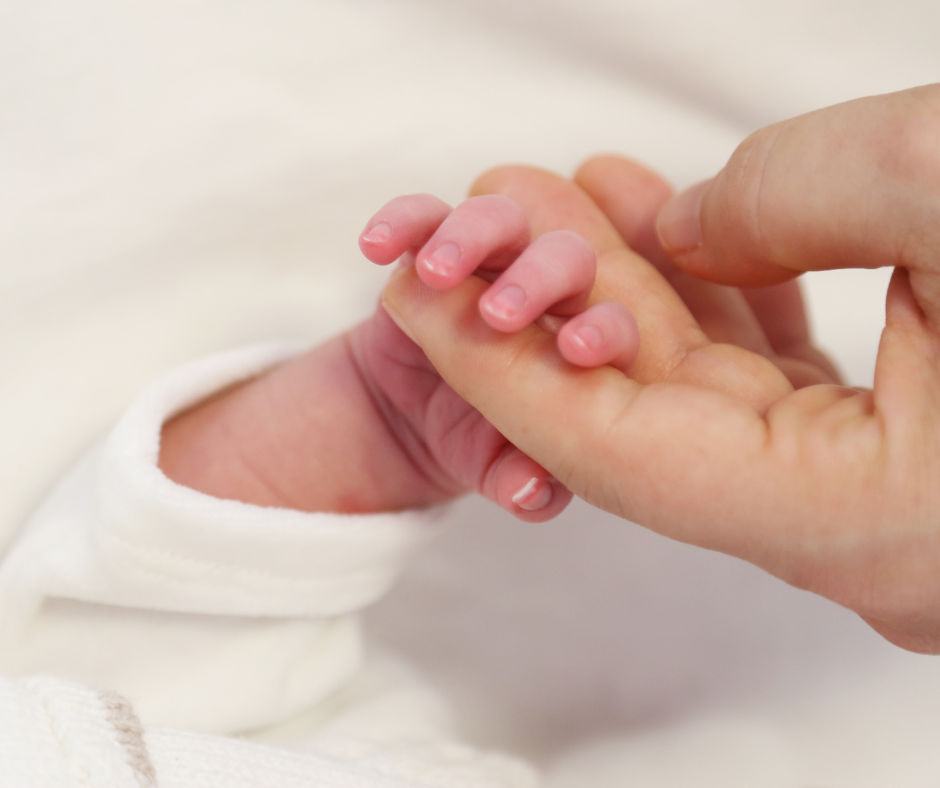 A parent holding small baby's hand.